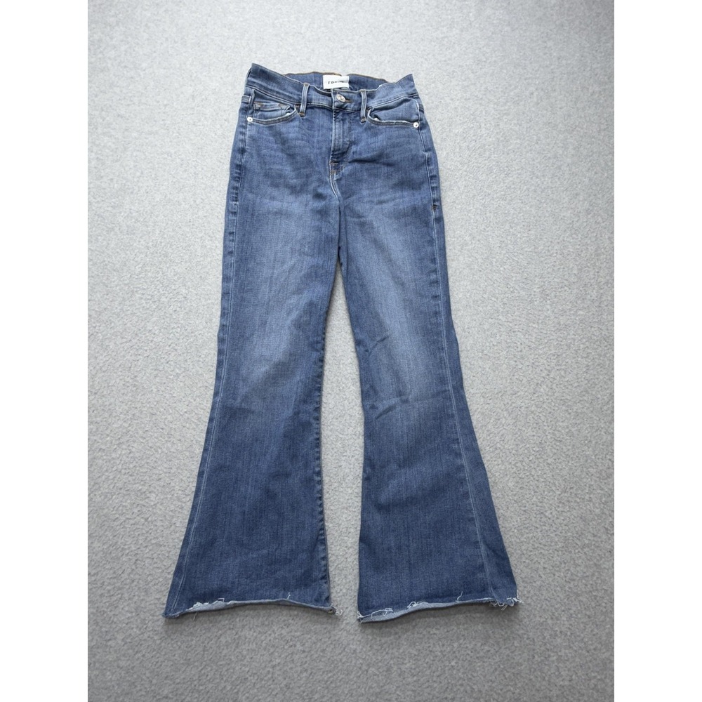 Frame Le Crop Flare Jeans Womens 24 Blue Mid Rise‎ Raw Hem Distressed 24x24.5